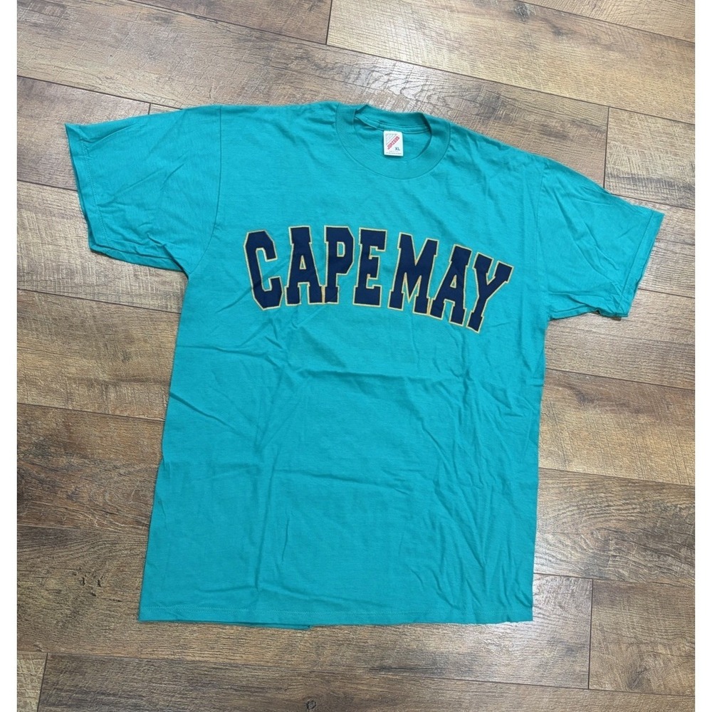 Vintage 90s Cape May New Jersey Spellout Graphic Tee Blue XL Made In USA Beach‎